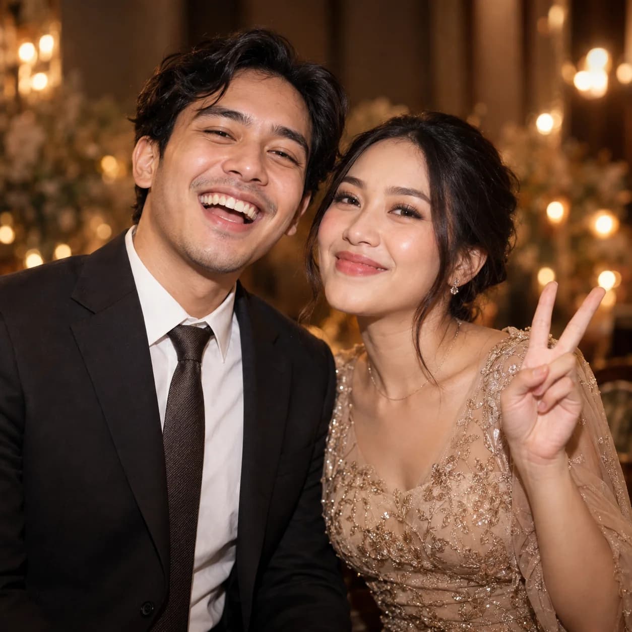 AI-generated portrait of a laughing couple at an evening celebration