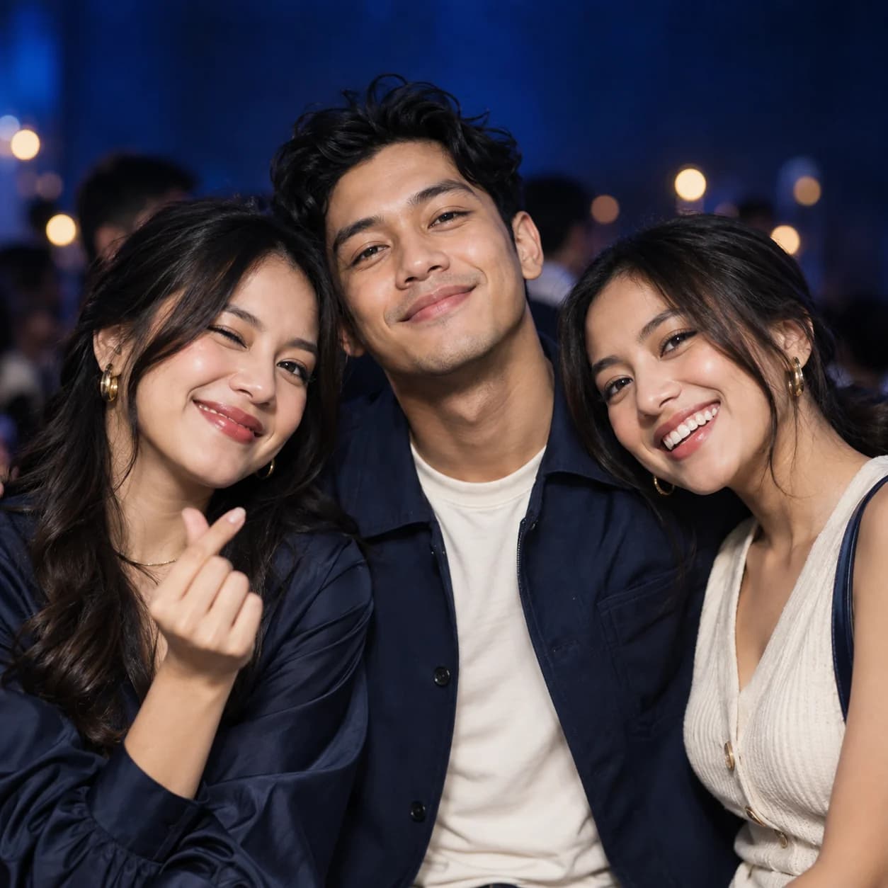 AI-generated portrait of three friends smiling at a launch party