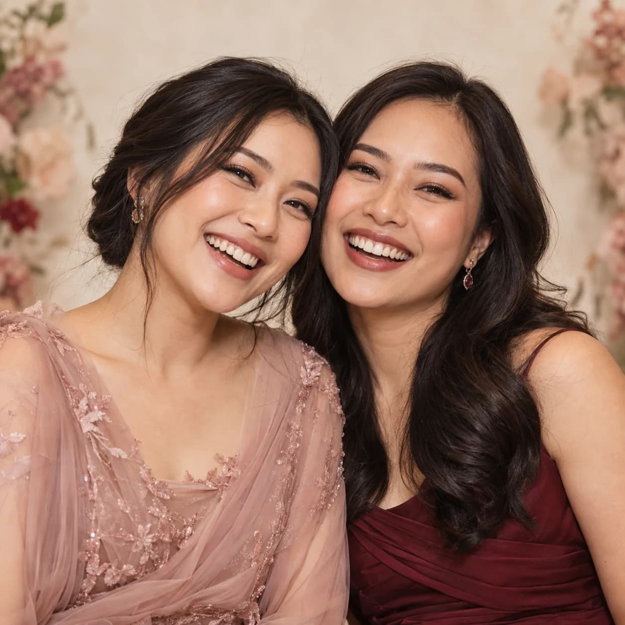 AI-generated portrait of two friends laughing at a wedding celebration