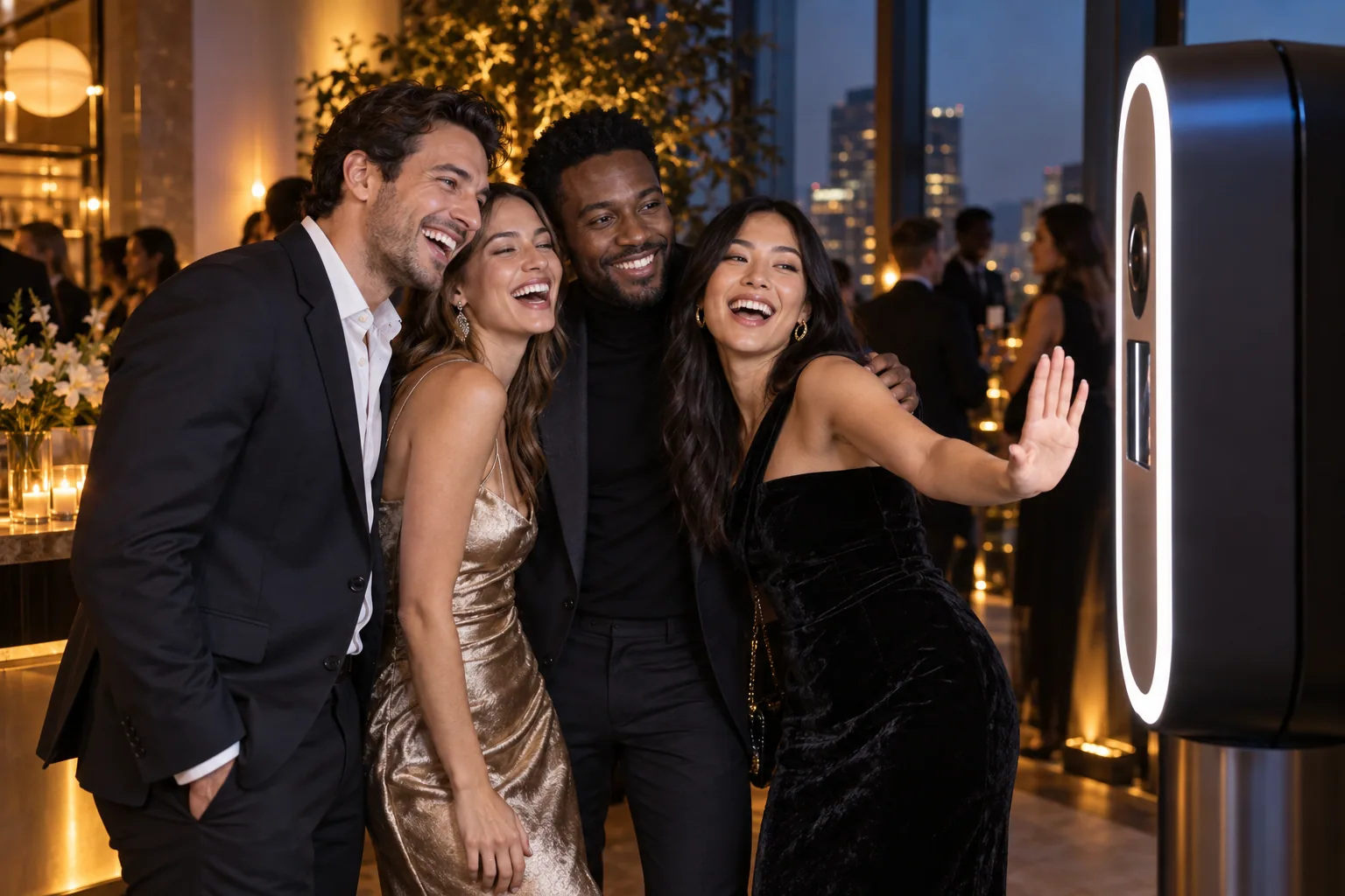 Concept of four guests sharing a spontaneous photobooth moment